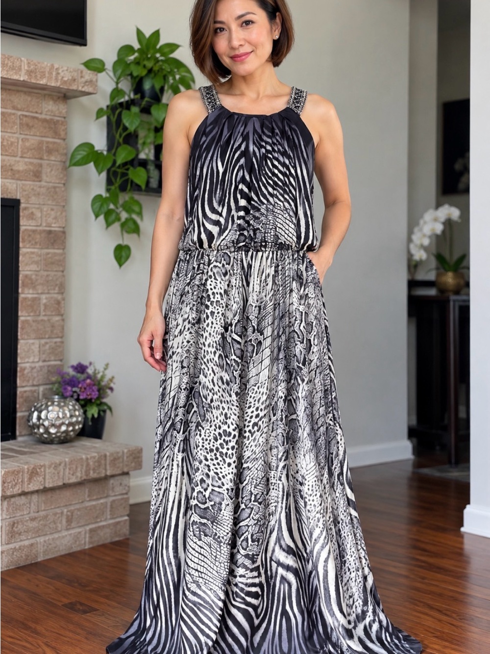 Sandra Darren Black and White Animal Print Maxi Skirt